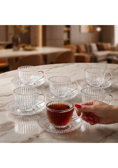 Bahar Çizgi Desen 6 Kişilik Tabaklı Lüks Cam Çay Fincan Takımı 240 Ml. Şeffaf