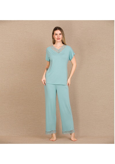 Civetta Viskonşık Tasarım Dantel İşlemeli Mint Yeşil Kısa Kol Pijama Takı Nane Mint