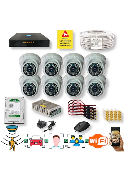 8 Kameralı Set Yapay Zeka Özellikli Gece Görüşlü 5 Mp Sony Lensli Fullhd İç Mekan Güvenlik Kamerası Seti D136b-9008