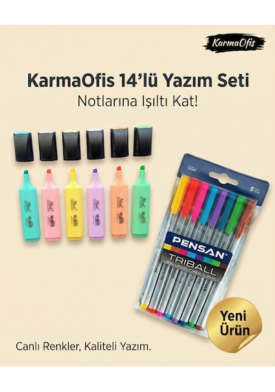 14 Parça Yazım Ve İşaretleme Seti - 6'lı Masis Pastel Fosforlu & 8'li Pensan Renkli Kalem Çok Renkli