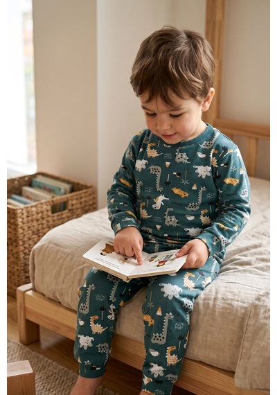 Zuzunga Erkek Çocuk %100 Pamuk Süprem Kumaş Uzun Kollu Mevsimlik Pijama Takımı Haki