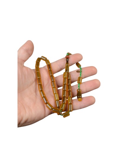 Kesme Kesim 10x7 Mm İmzalı Sıkma Kehribar Sistem Püsküllü Tesbih Sarı