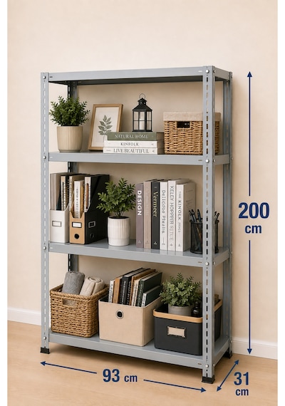 4 Katlı Çelik Raf Sistemi, Depo, Arşiv, Kiler, Dosya, Market, Çiçek, Ayakkabı Rafı 31x93x200 Cm Kalınlığı: 0,70 Mm Gri