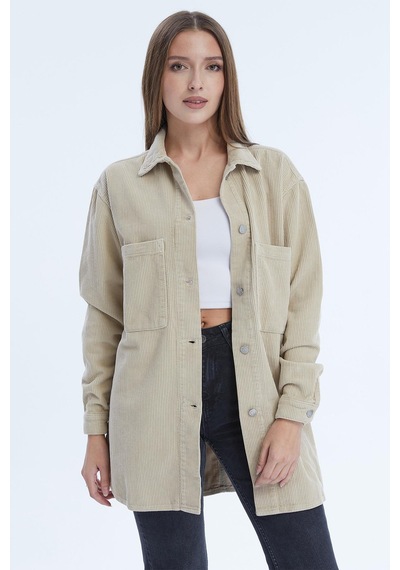 Selectmoda Kadın Çift Cepli Düğme Kapamalı Fitilli Gömlek Taş