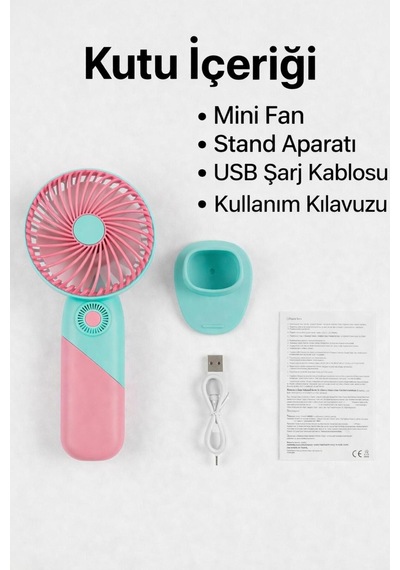 Standlı Şarjlı Mini El Fanı 3 Kademeli, Sessiz, Taşınabilir Masaüstü Vantilatör