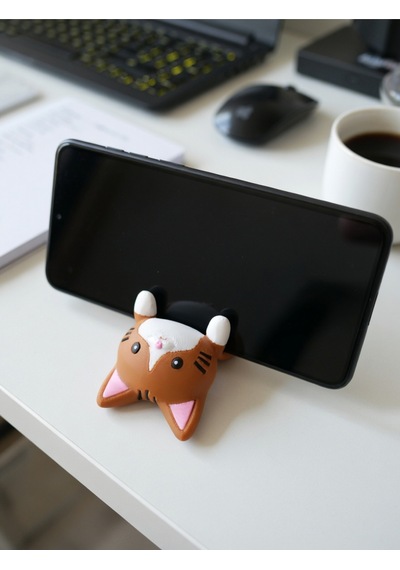 Kahverengi Kedi Figürlü Telefon Tutucu Stand - 3d Baskı Ofis Masaüstü Aksesuarı Ve Biblo