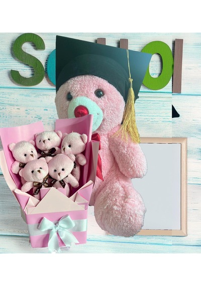 Mezuniyet Hediyesi: Mezun Peluş Ayıcık & Pembe Ayıcık Buketi