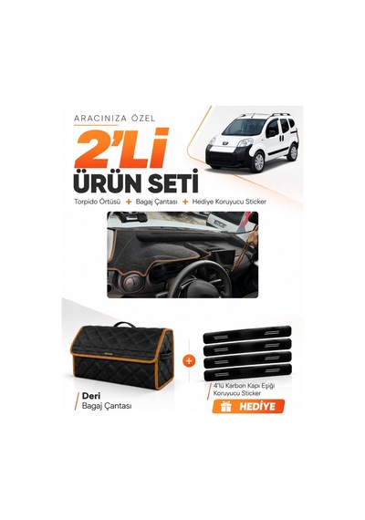 E-biz Peugeot Bipper Tam Kapalı 2007-2020 Uyumlu Torpido + Deri Çanta - Siyah-kahverengi - Pe019
