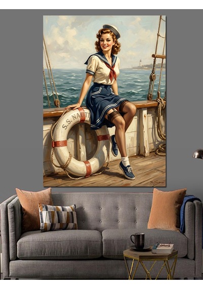 Gemide Can Simidiyle Oturan Pin-up Dekoratif Kanvas - Mdf Ahşap Tablo