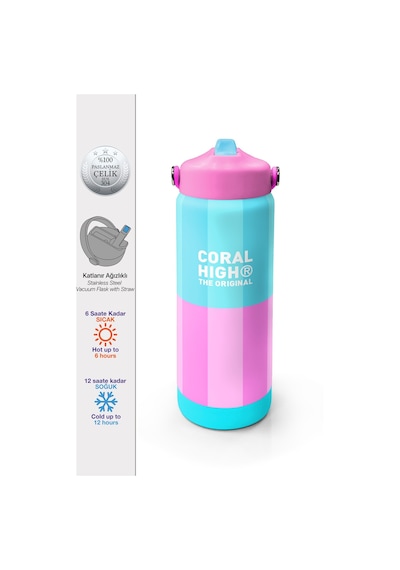 Coral High Turkuaz Pembe Çizgili Desenli Katlanır Ağızlıklı Çelik Termos 650 Ml 38381 Turkuaz