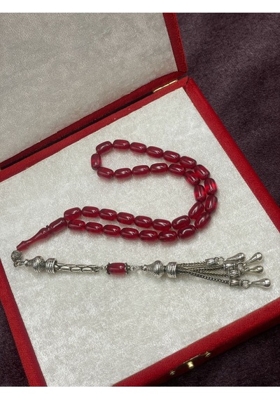Alpaka Püsküllü Kapsül Kesim Kırmızı Ateş Kehribar Tesbih 7x11 Mm