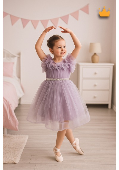 Babyhola 2-8 Yaş Gül Yakalı Grenli Kabarık Tül Kız Bebek Çocuk Abiye Elbise Bayramlık Gelinlik 3502 Lila