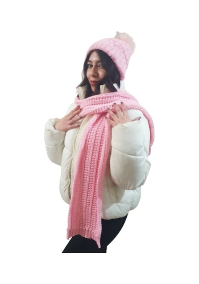 Edwol Kadın Atkı Bere Takımı Pembe