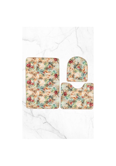 Buççin Online Mağaza Çiçek Desenli Banyo Paspas Takımı Polyester Beyaz Çok Renkli