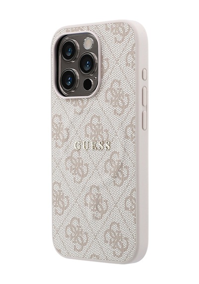 İphone 15 Pro Uyumlu Kılıf Guess Lisanslı M-safe Kabartmalı 4g Desenli Yazı Logolu Kapak Pembe