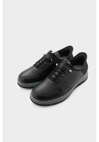 Derinet Hakiki Deri Lastik Bağcıklı Erkek Sneaker Siyah Siyah
