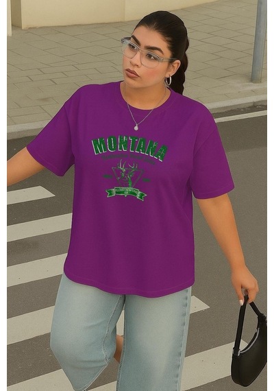 Büyük Beden Montana Baskılı Unisex Tişört Mor
