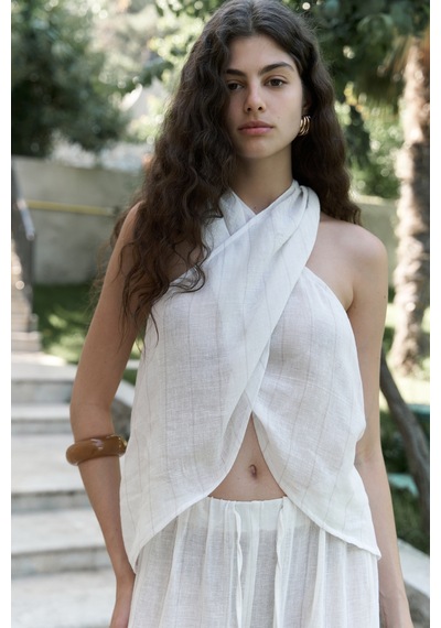 Mai Collection Mai Studios Co. Cadhas Boyundan Bağlamalı Ekru Crop Pantolon Takım Ekru