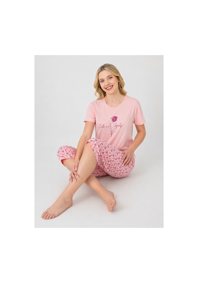 Pijamask Kadın Pembe Gül Baskılı Kısa Kollu Çiçek Desenli Kapri Pijama Takımı P100-839 Pembe