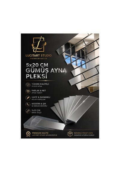 30 Adet 5cmx20cm Dekoratif Tuğla Desenli Gümüş Aynalı Pleksi Seti Kendinden Yapışkanlı Duvar Dekorasyonu Pleksi Ayna Gümüş Gümüş