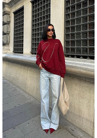 WeShaya Kadın Bordo Pamuklu Taşlı Oversize Sweatshirt Bordo