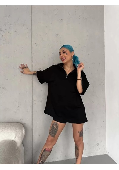 Soonaksesuar Unisex Yarım Fermuarlı Basic T-shirt - Siyah SIYAH