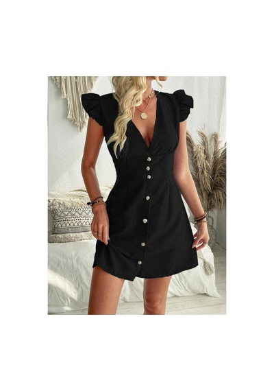 Butik İstanbul Kadın Fırfır Kollu V Yakalı Düğmeli Keten Elbise Mavi