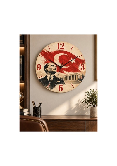 Atatürk Temalı 45 Cm Ahşap Sessiz Akar Mekanizmalı Uv Baskılı Dekoratif Duvar Saati Hediyelik 1095 Çok Renkli