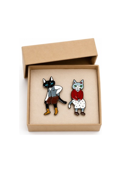 Sevimli Kedi Çifti 2'li Metal Rozet Seti Çizgi Karakter Emaye Broş Pin Gri