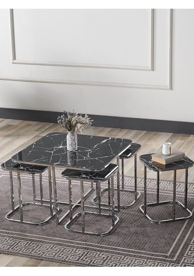 Pelikan 4+1 Siyah Mermer Temperli Cam Gümüş Metal Ayak Takım Sehpa Sedaş Living Units Sehpa