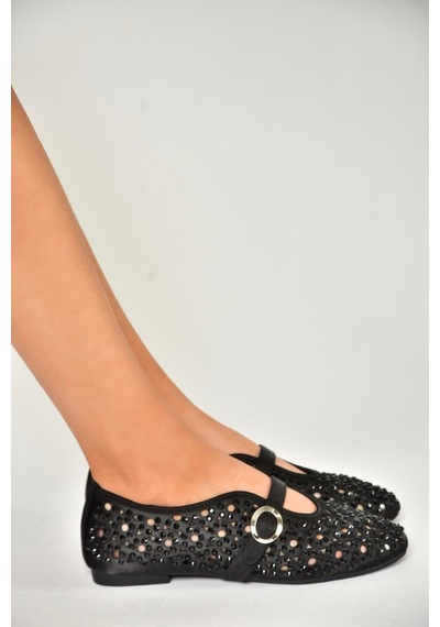 Fox Shoes U820086704 Siyah Kumaş Taş Detaylı Kadın Babet Siyah-kumaş Siyah