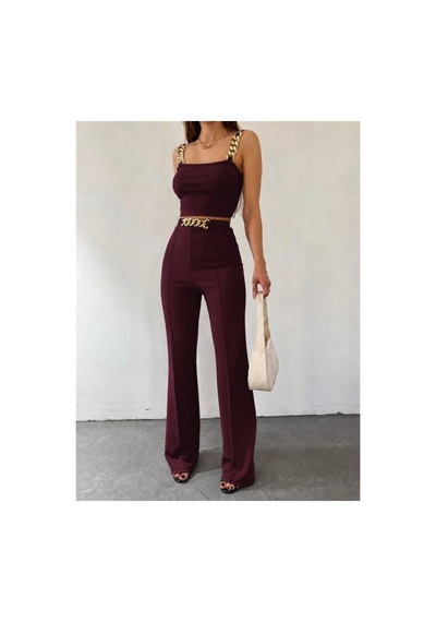 Butik İstanbul Kadın Zincir Askılı Krop Ithal Krep Bluz Ve Pantolon Ikili Takım Bordo