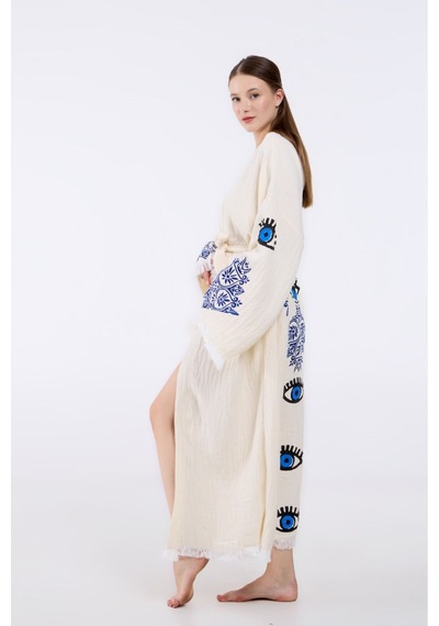 Befera Müslin Kimono Pamuklu Etnik Göz Baskılı Desenli Bornoz Kaftan Sabahlık Ekru
