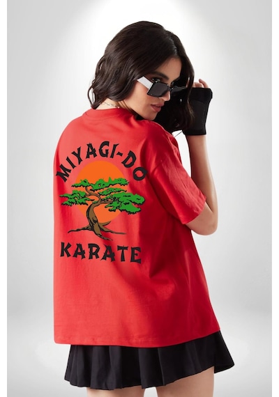 Miyagi-do Karete Çocuk Logo Dizi Bonzai Ağaç Kırmızı Oversize Unisex Ön Ve Sırt Baskılı Tişört Kırmızı