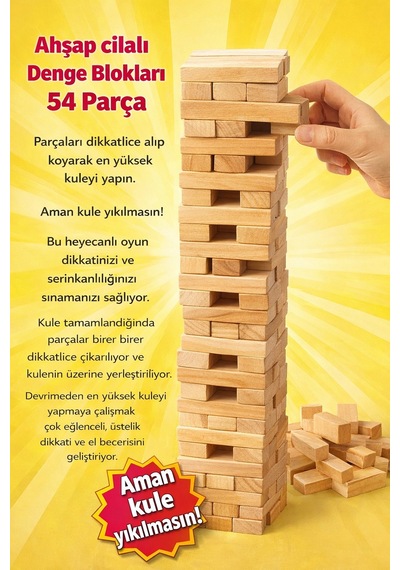 Ahşap Cilalı Denge Blokları 54 Parça Eğitici Ve Eğlenceli Çocuk Oyunu