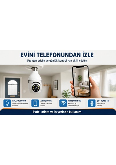 Blue Inter Ampul Tipi Wifi Güvenlik Kamerası E27 Duylu Döner Başlıklı Akıllı Kamera Uzaktan Canlı İzleme Telefon Kontrollü Gece Görüşlü