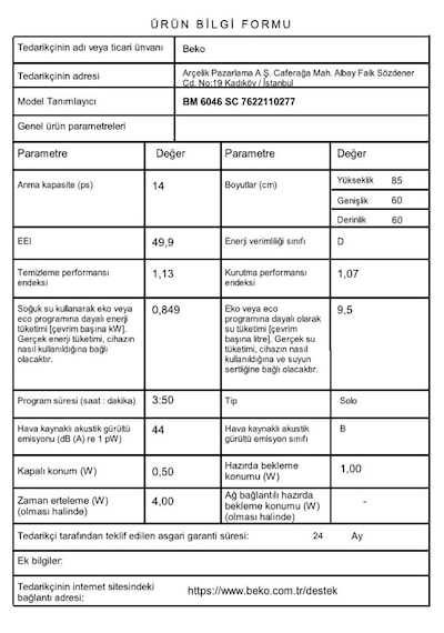 Beko BM 6046 SC 6 Programlı 14 Kişilik Cam Bulaşık Makinesi