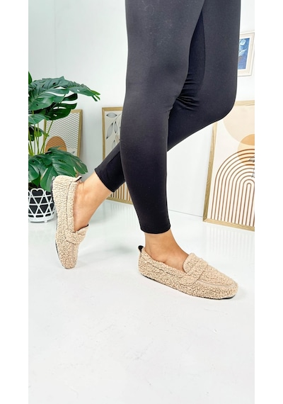 Günlük Kadın Loafer Peluş Astarlı Oval Burunlu Alçak Desenli Tabanlı Ayakkabı 375 VIZON