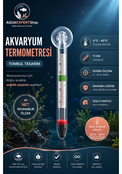 Akvaryum Tombul Termometre - Cam Termometre - Hassas Ölçüm - 0/40 Derece Arası Ölçüm - Net Görünüm - Güçlü Vantuz