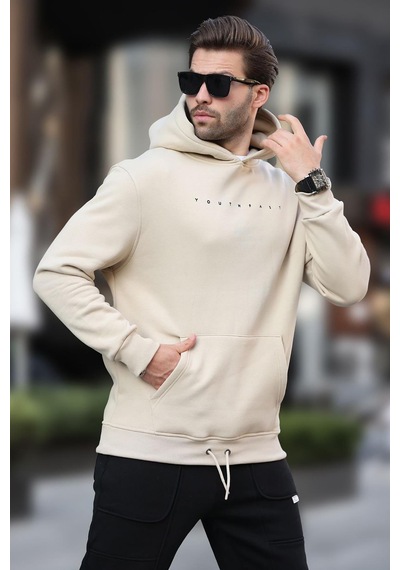 Madmext Bej Kapüşonlu Baskılı Erkek Sweatshirt 7077 Bej