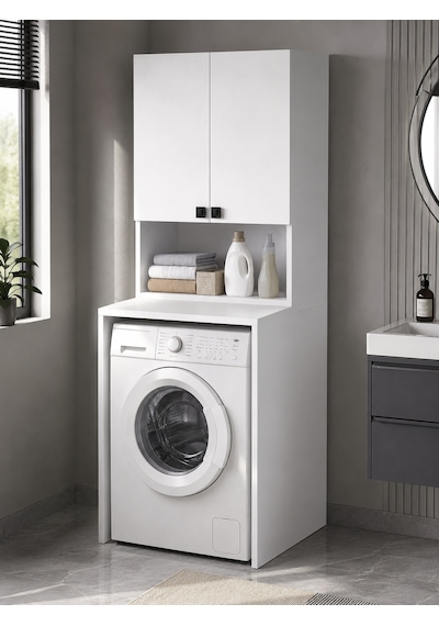 Susa Çamaşır Makinesi Üst Dolabı Çok Amaçlı Banyo Ve Çamaşır Odası Düzenleyici Raflı Kapaklı Depolama Dolabı Beyaz