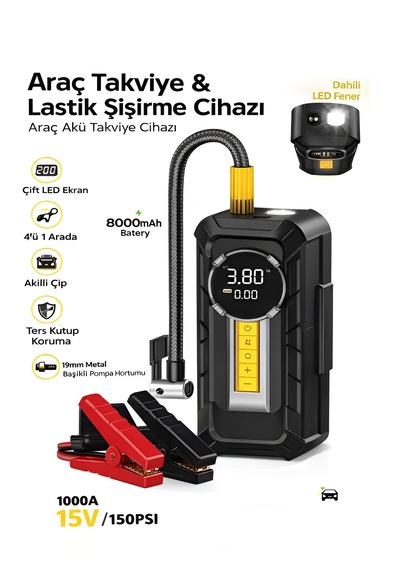 8000mah 1000a Akü Takviyeli Kompresör 150 Psı Çift Dijital Ekran Led Fenerli Hava Pompası Siyah - Abs+