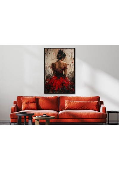 Yağlı Boya Dokulu Tablo Modern Kırmızı Elbiseli Sırtı Dönük Kadın Siyah Çerçeveli U05009-178961