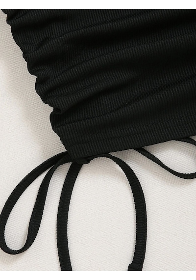 Liona Askılı Halter Yaka Yüzücü Sırtlı Yanları İpli Siyah Renk Fitilli Crop Top Bluz