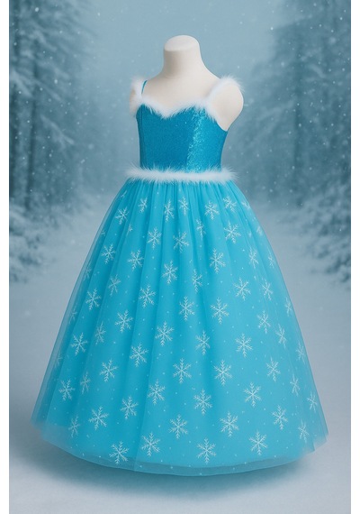 Parti Selesi Kız Çocuk Askılı Tarlatanlı Taç Asa Eldiven Hediyeli Mavi Elsa Elbise Frozen Mavi