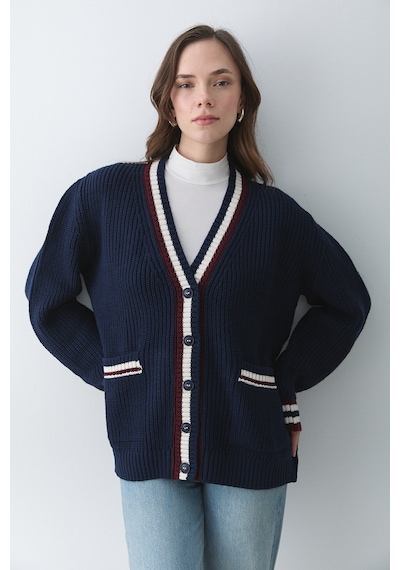 Laluvia Lacivert - Bordo Renkli Cepli Hırka - 241143 Lacivert