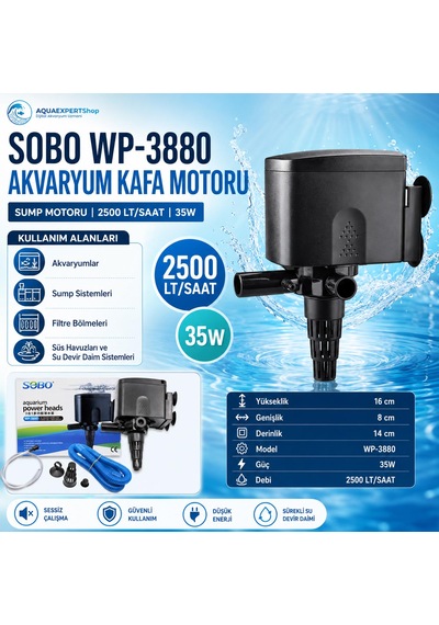 Sobo Akvaryum Kafa Motoru - Sump Motoru - 2500 Lt/saat - 16-8-14 Cm - 35w - Yüksek Su Sirkülasyonu - Wp 3880