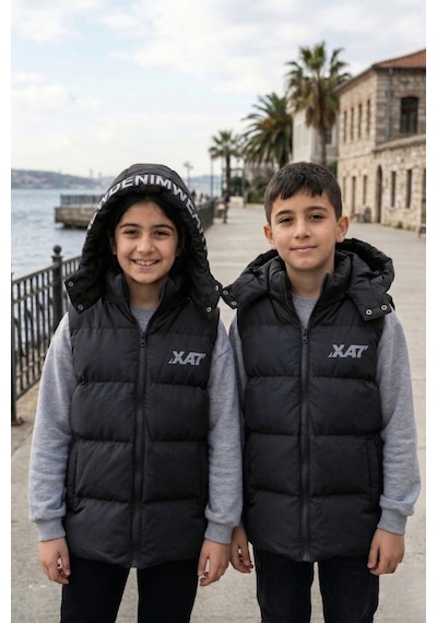Pina Kids Unisex Çıtçıt Kapüşonlu Baskılı Şişme Yelek Siyah