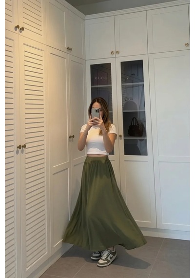 Kadın Haki Poplin Kumaş Uzun Etek Beli Lastikli Günlük Maxi Etek 90 Cm
