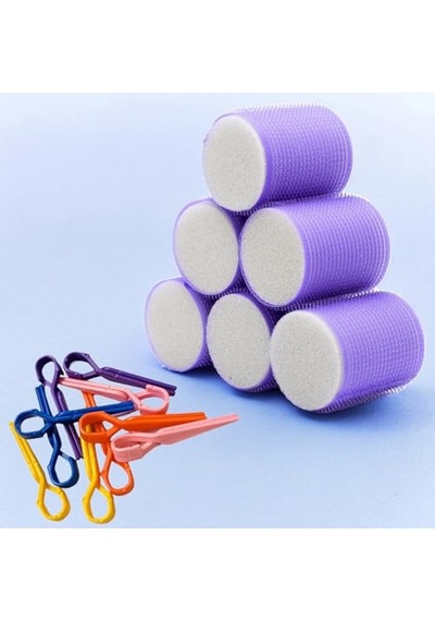 Croc 1203 Mor Cırtlı Sünger Bigudi 6lı Çap 5cm +10lu Plastik Saç Pensi Açık Mavi